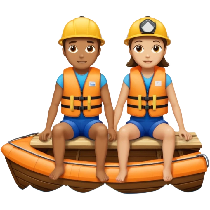 a boat upside down, with 2 people sitting on top trying to stay afloat. emoji
