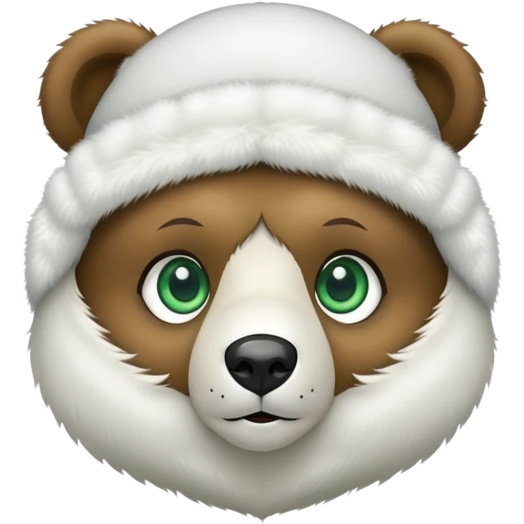 Adorable bear head with big green eyes and soft expression, wearing white fluffy ushanka with detailed Russian emblem in center, iOS emoji style emoji