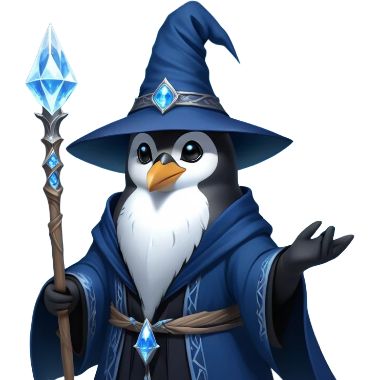 A mysterious penguin mage with sleek midnight-blue feathers, wearing a flowing black robe adorned with silver runes. A tall, pointed wizard hat sits slightly tilted on his head, the brim casting a shadow over his glowing icy-blue eyes. His flipper clutches an ancient wooden staff topped with a swirling crystal, radiating a soft, cold light. Snowflakes drift around him as he stands on a frozen cliff, his aura crackling with arcane energy, ready to summon a blizzard with a flick of his staff. emoji
