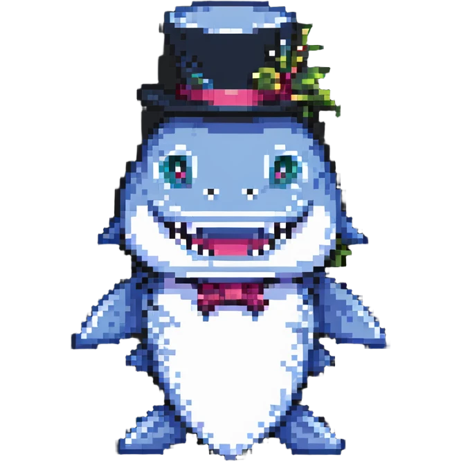 pixel art shark, fancy tophat, smiling emoji
