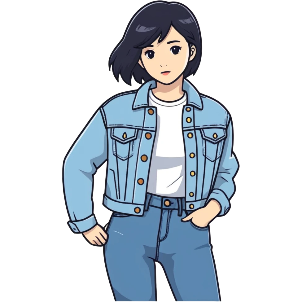 A girl with dark hair and a white shirt with a denim jacket and denim jeans emoji