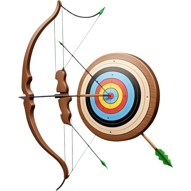 A professional recurve bow with an arrow nocked, ready to be released. The target features concentric rings, placed at a distance. The emphasis is on the bow, arrow, and target, highlighting the precision, focus, and skill involved in competitive archery. emoji