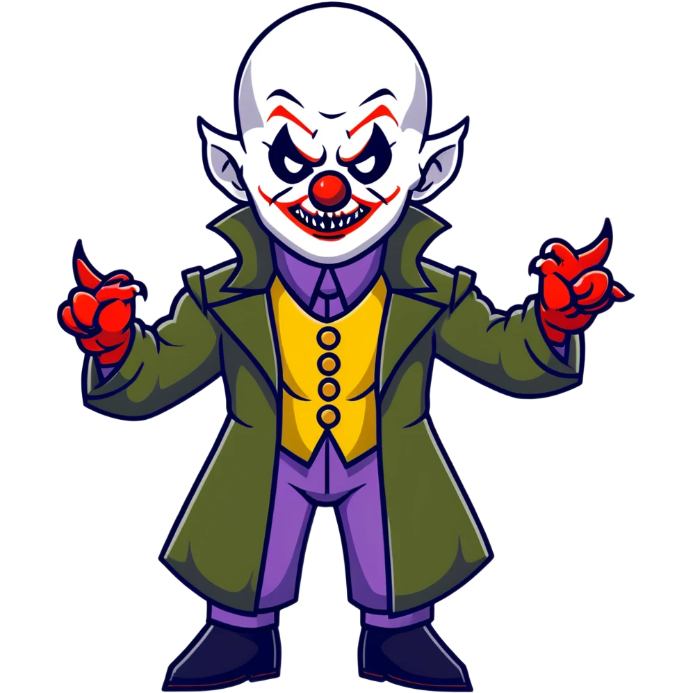 evil clown warrior, bald, small black satan-like horns on forehead, fangs, pointed ears, eye patch over one eye, long coat over black and military green leisure suit with bellbottom pants, realistically proportioned, less bulky, full body, battle-ready fighting posture emoji