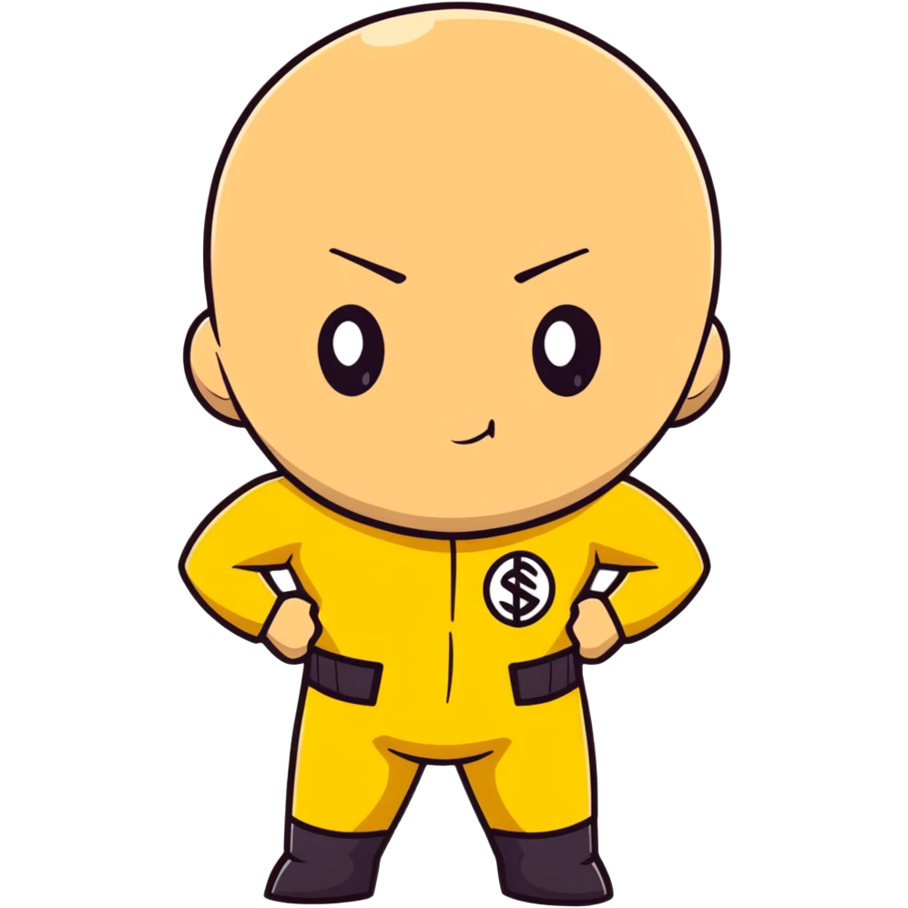 Saitama with blank face from One Punch Man, plain expression, bald head, simple round eyes, yellow hero suit, comical anime look emoji