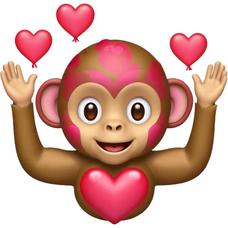 Cartoon monkey emoji, light brown, smiling, with joyful eyes and red/pink floating hearts. Represents love and happiness. Clean, simple style with transparent background emoji