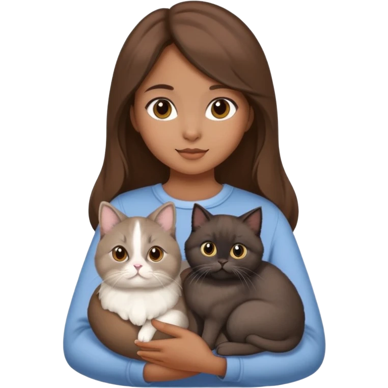 chinita girl with brown hair holding three pets: brown holland lop rabbit, gray persian cat, black kitten emoji