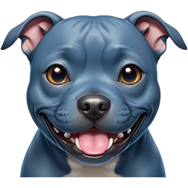 Cinematic Comical Blue Staffordshire Bull Terrier Portrait Emoji, Head tilted dramatically with an exaggeratedly amused expression, featuring a striking blue Fur with a subtle shimmer, wide, expressive dark eyes filled with playful disbelief, Simplified yet hilariously expressive features, highly detailed, glowing with a slightly sassy glow, high shine, dramatic yet playful, stylized with an air of cheeky mischief, bright and endearing, soft glowing outline, capturing the essence of a spirited and over-the-top guardian, so meme-worthy it feels like it could side-eye its way into internet fame instantly! emoji