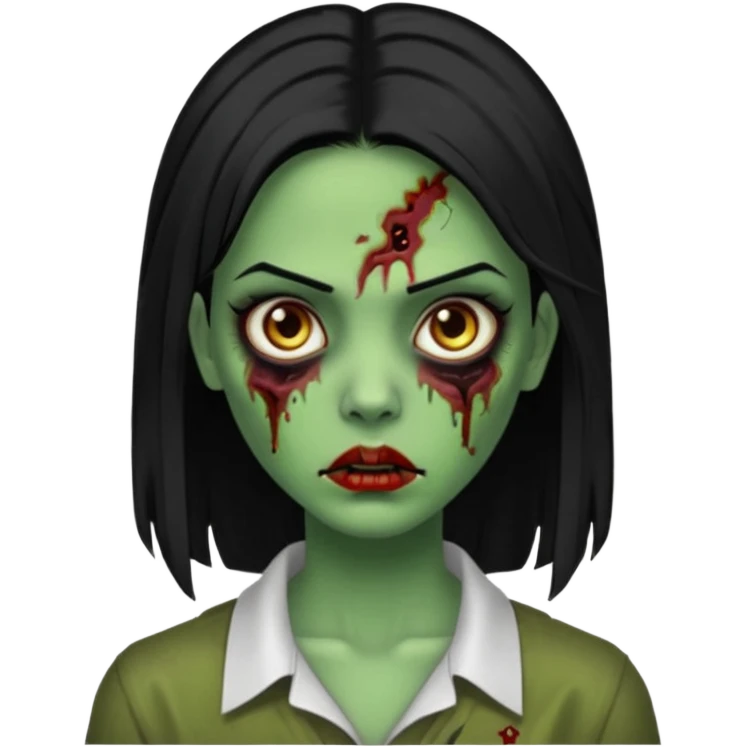 Faça uma zombie mulher bonita verde com olhos castanhos cabelos pretos partido ao meio liso com estilo de y2k baddie emoji
