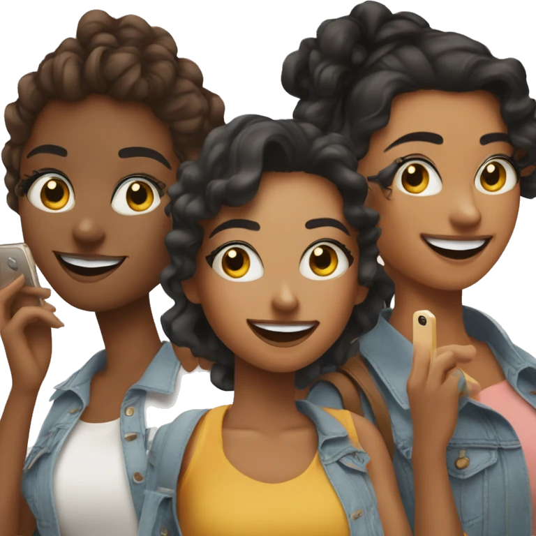 group of 3 influencers taking individual selfies or carrying shopping bags emoji
