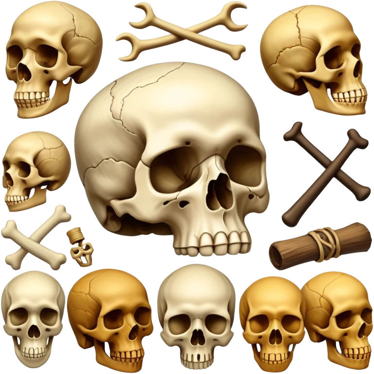 Symbolizing anthropology as a field of study, representing the human skull and bones, ancient artifacts, and diverse cultural symbols. Exploring human evolution, social structures, and the study of cultures throughout history. emoji