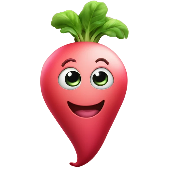 3d Smiling radish with big expressive eyes, rosy cheeks, and green leaves on top. Bright and cheerful cartoon style. emoji