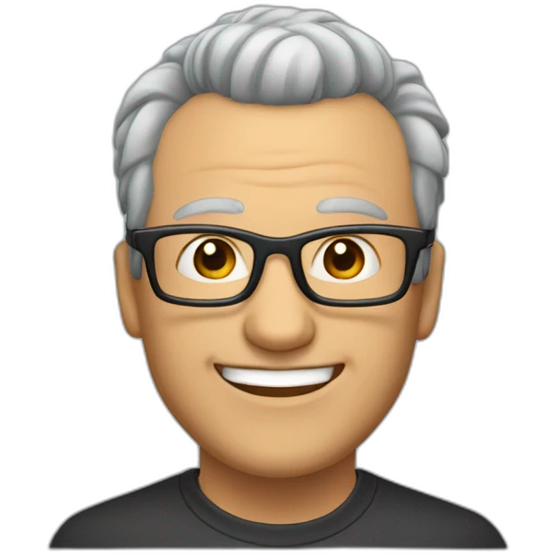 an man with grey hair and a receding hairline, and a tuft of hair on the top. He is wearing glasses, the glasses frames are black and he is smiling emoji