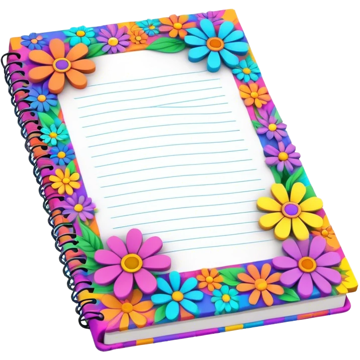 3D, psychedelic colored note pad with hippie style flower border emoji