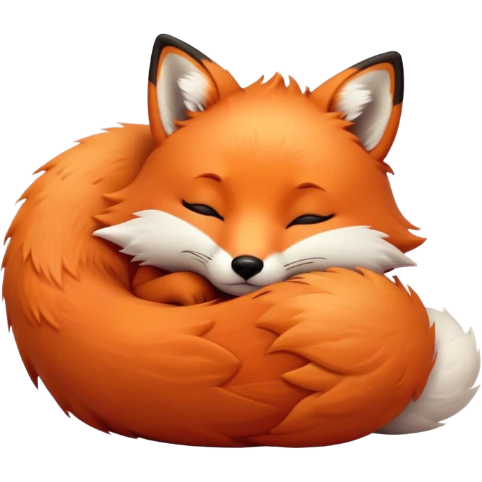 Cinematic cute sleepy fox, curled into a cozy fluffy ball, warm glowing fur, tiny black nose resting on its tail, soft breathing visible, peaceful and charming. emoji