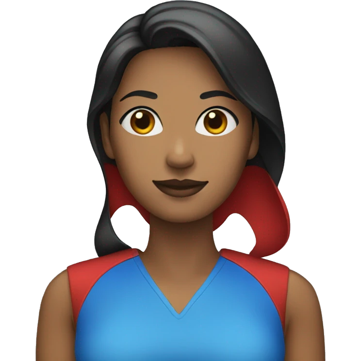 Woman standing wearing red blue and black emoji