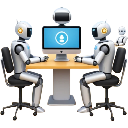 the AI-Enabled Workplace, coworking space with robots, humans, and digital interfaces emoji
