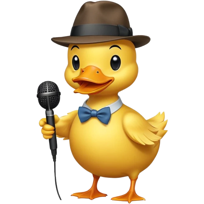 duck wearing a fedora, holding a microphone, stand-up comedian pose emoji