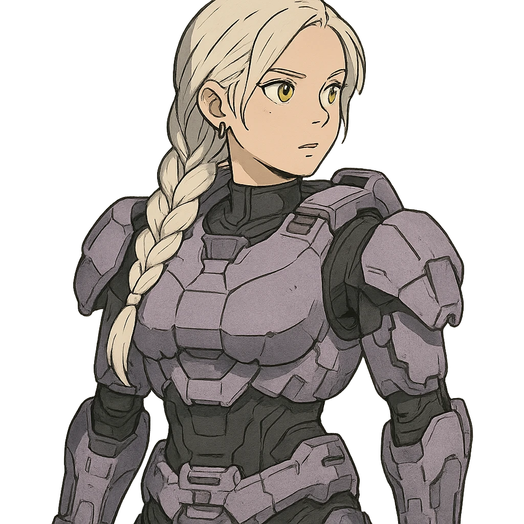 female, wearing reach spartan armor default, long white braid hair, gold yellow eyes, attention pose, halo series, no helmet, the armor is lavender color scheme, shoulder pad off. DDD bust size fitting. Punk gothic cyberpunk emoji