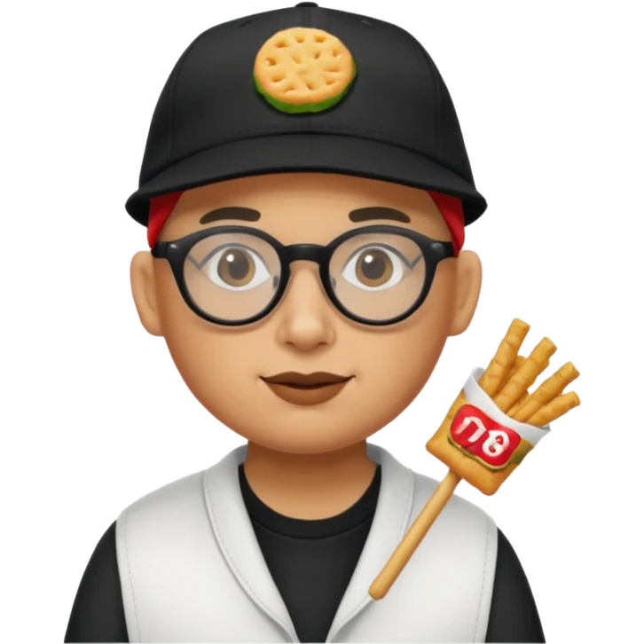 num num eatting hashbrown sticks with a plain black cap and glasses no hair add Rollin' 18 to hat emoji