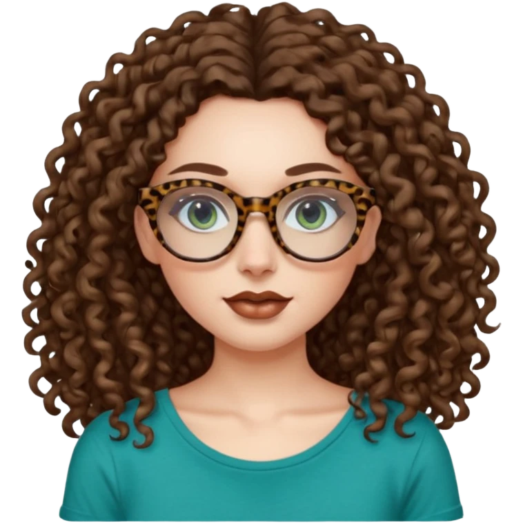 a blue green eyed woman with very very long brunette curly hair, full lips,and pale skin. She is wearing a leopard printed thin round-ish glasses . She is wearing a brown tshirt with a wide neck opening. emoji