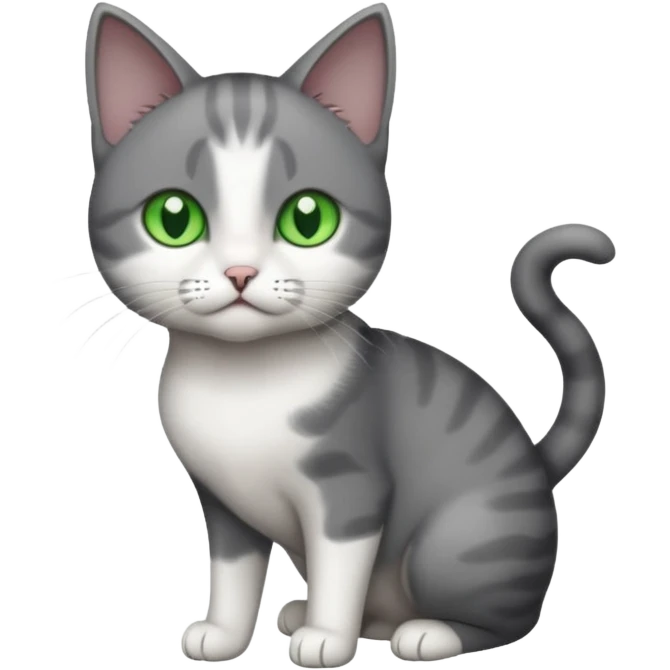 full body small short hair dark grey and white cat with green eyes emoji