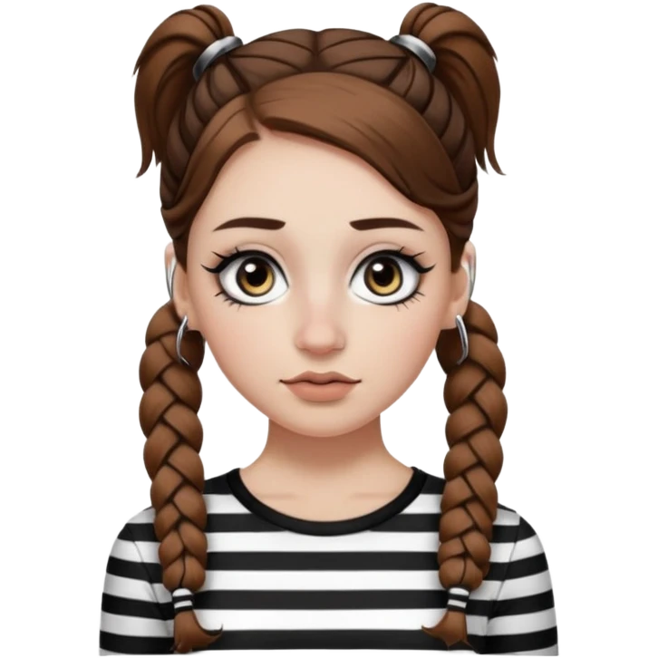a white girl with brown hair in very low pigtails black eyeliner big false eyelashes with a septum piercing nose piercing big hoop earings dermals close to the eyes one on each side wearing a black and white striped long sleeve shirt emoji