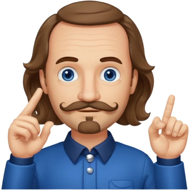 French writer Corneille, brown mi-long wavy hair, baldness on the forehead, moustache, goatee, dressed with a collar,blue eyes, with the finger up emoji