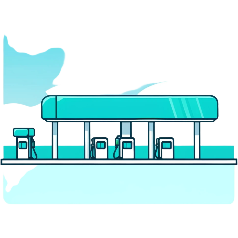 Gas station building with canopy and pump, minimalist design with soft gradients in sky blue, teal green, white, and light gray emoji