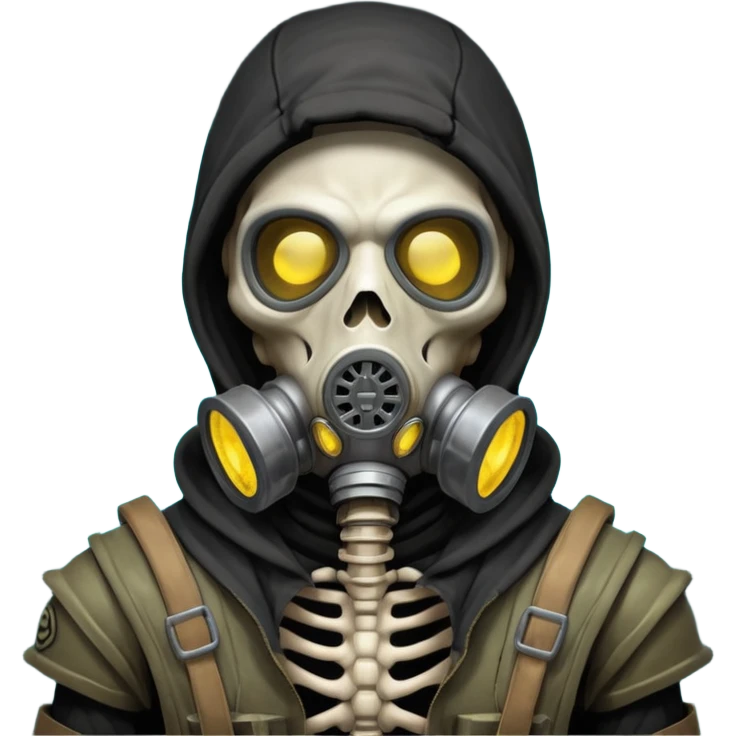 skeleton wearing a gas mask portrait, head and shoulders only, visible rib cage bones, cracked skull, dark hood, glowing eyes inside the mask, post-apocalyptic vibe, dramatic lighting, 3D cartoon, mobile game icon style, clean background, no text, no watermark
 emoji