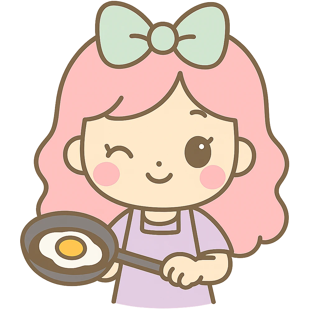 A kawaii chibi anime style girl with pink hair and a mint green bow, cooking and holding a pan with a fried egg, smiling and winking. Use flat pastel colors, thick outlines, and simple cute features. Transparent background. emoji