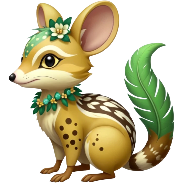 Tropical Exotic Colorful Beige-yellow, Jade-green, brown back-mane, white specks, Floral Feathery Numbat-Bilby-Quoll-Furret-Fakémon-furry-fursona-creature (full body) with tribal markings emoji