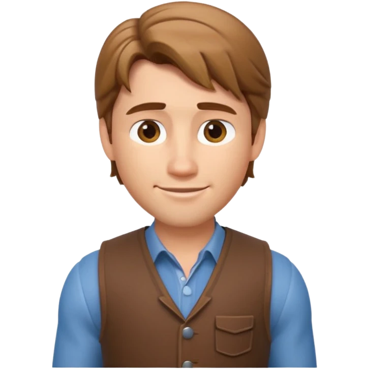 3D Apple-style emoji of Flynn Rider: fair skin, light brown hair, raised eyebrow, charming smile, playful confident look. emoji