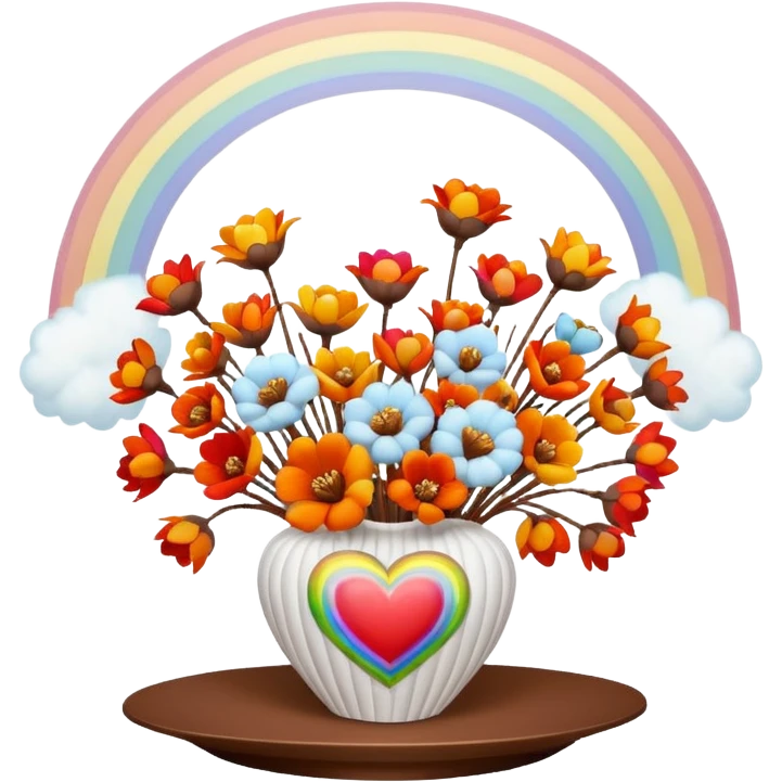 a bouquet of cotton flowers with brown dried petals, in a white ribbed vase on a white tray. next to it is a figurine in the form of a white heart, with a rainbow outline emoji