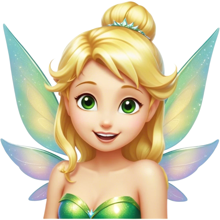 Cinematic Realistic Blonde Tinker Bell Fairy Portrait, head tilted dramatically with an exaggeratedly amused expression, featuring a striking, lively pixie form with radiant golden blonde hair and luminous, iridescent wings dusted with playful sparkles. Her expressive eyes brim with cheeky mischief, rendered with vibrant, lifelike textures and dynamic natural lighting that imbues the scene with an air of magical whimsy and over‐the‐top fairy fun. emoji