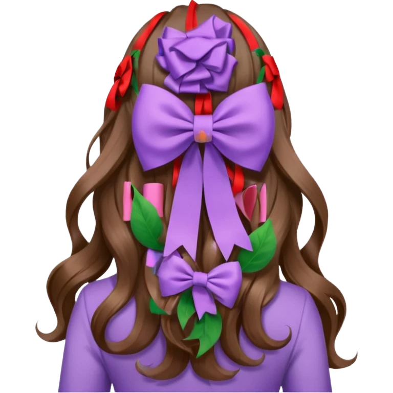 long wavy brown hair from behind with a medium lilac bow emoji
