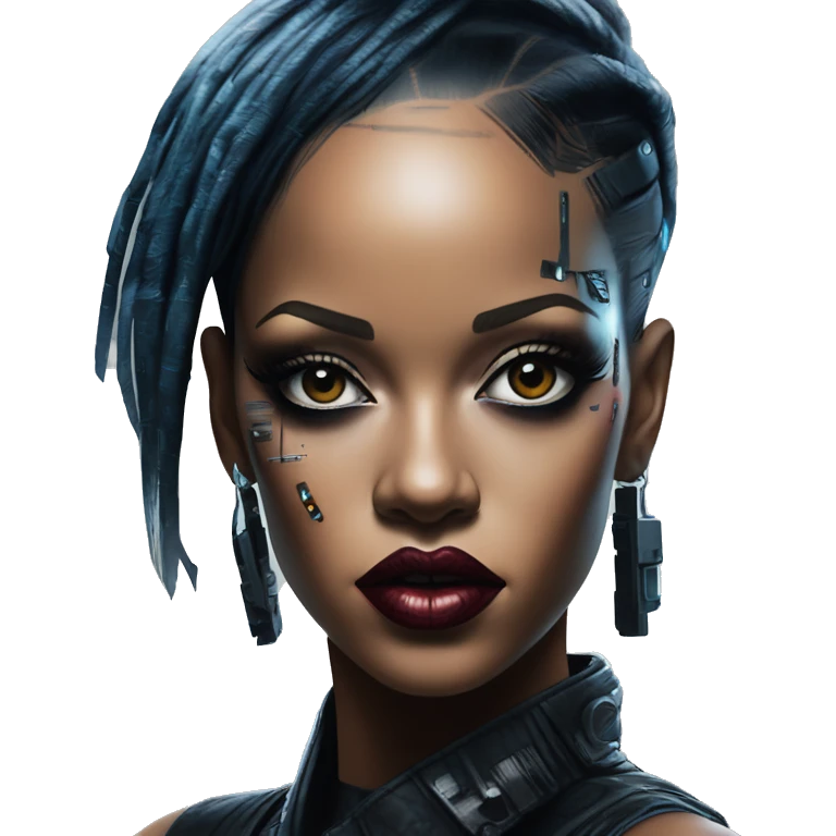 Cyberpunk Rihanna in bladerunner style, oil paint, epic eyes, intricate lips, exquisite pose, beautiful, desirable, logical emoji