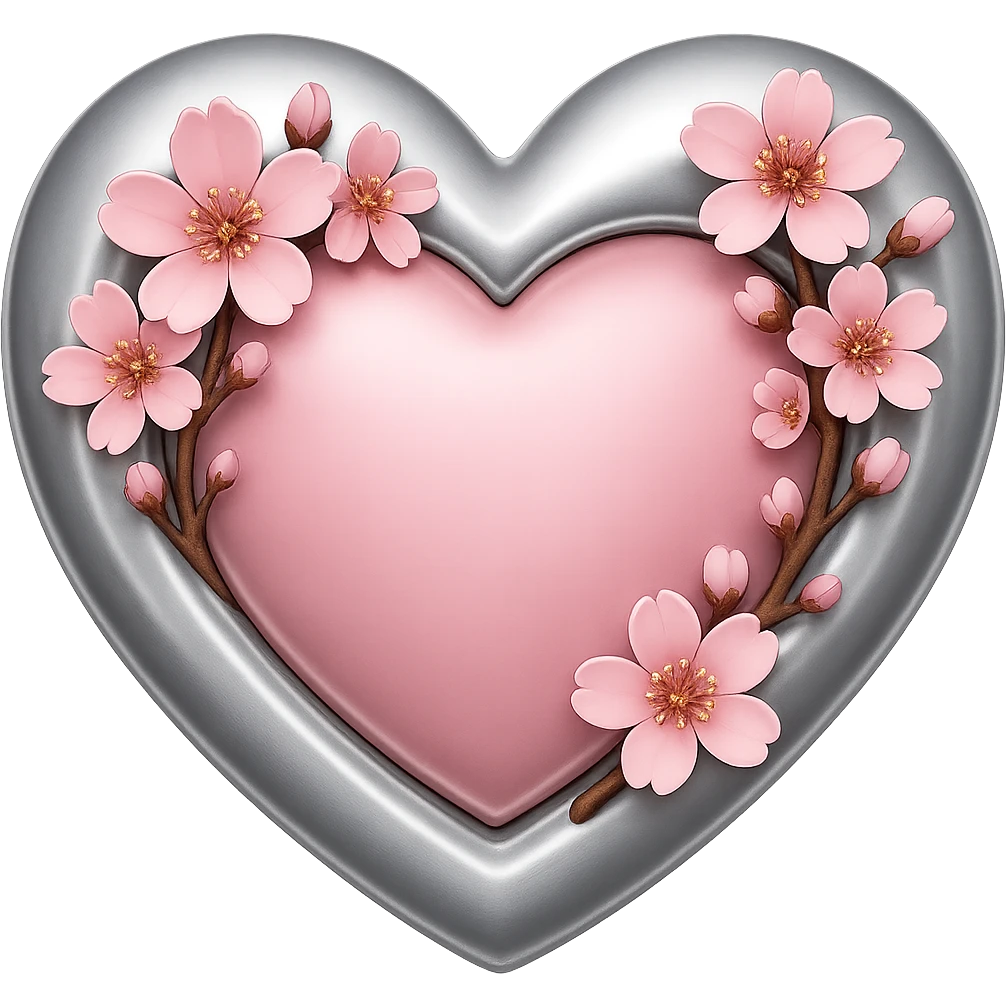 Increase the amount and prominence of silver details and accents on the heart with sakura flowers in the style of apple emojis. Keep the style consistent with apple emoji style and ensure no background (transparent). emoji