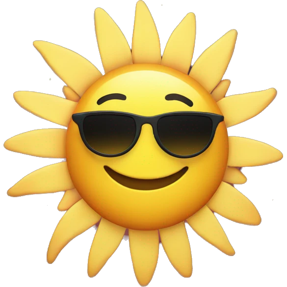 A sun with sunglasses, a big smile, and tiny planets flying around it. emoji