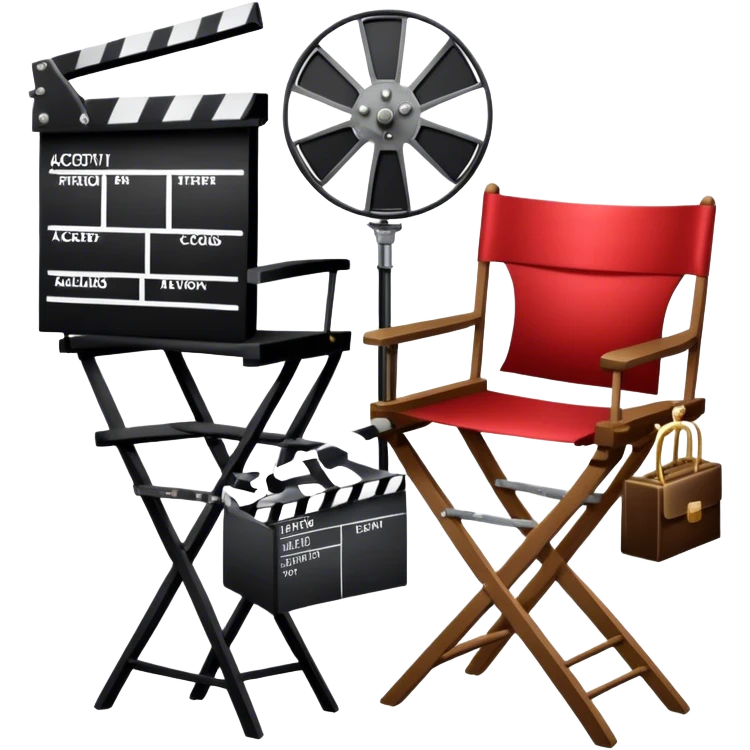 Icon for Acting: a theatrical mask, stage lights, a director’s chair, a script, a movie camera and a clapperboard, representing the craft of acting in theater and film. Famous actor-star. The design should reflect creativity, performance, and storytelling. Transparent background. emoji