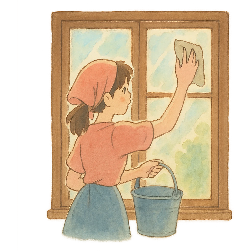 ghibli style illustration of a window being cleaned, gentle lighting, soft colors emoji