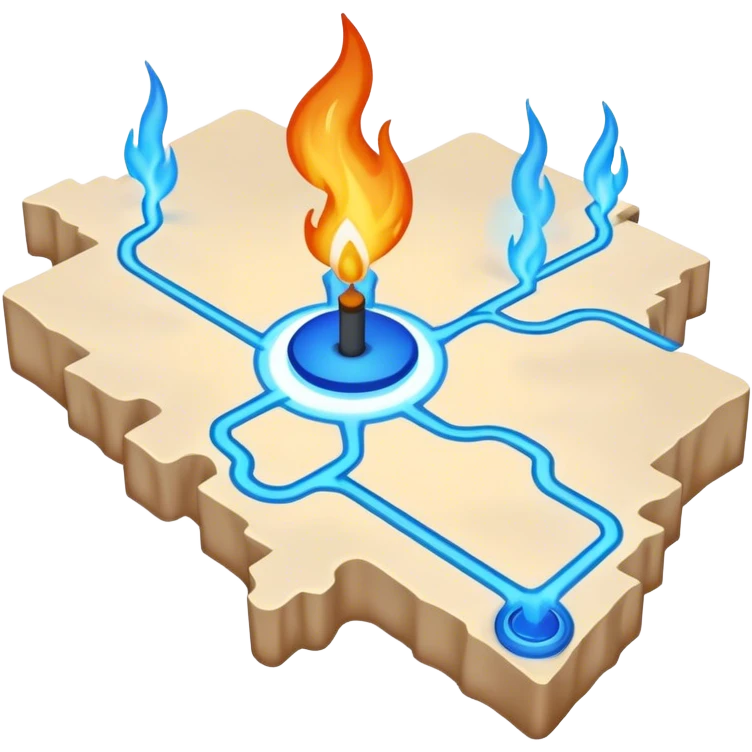 a map with a glowing blue flame on the x and networking paths... the x is far  emoji
