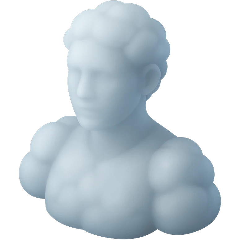 white person facing forward, composed entirely of fluffy convex clouds, shoulders visible, matte glass style emoji