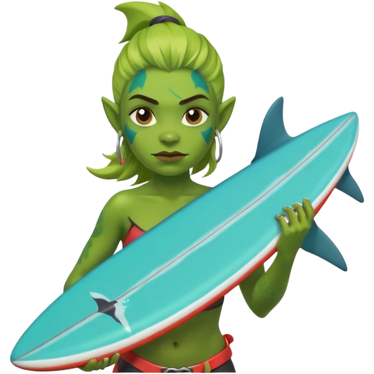 orc female holds a little surfboard with a shark painted vertically in his hands emoji