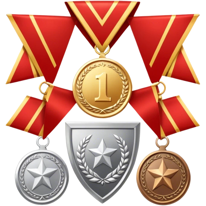 Icon for Collecting Orders, Medals & Badges: a variety of medals, orders and badges displayed on a large red pennant with fringed edges. The icon should convey the prestige and historical value of these collectibles. Transparent background. emoji