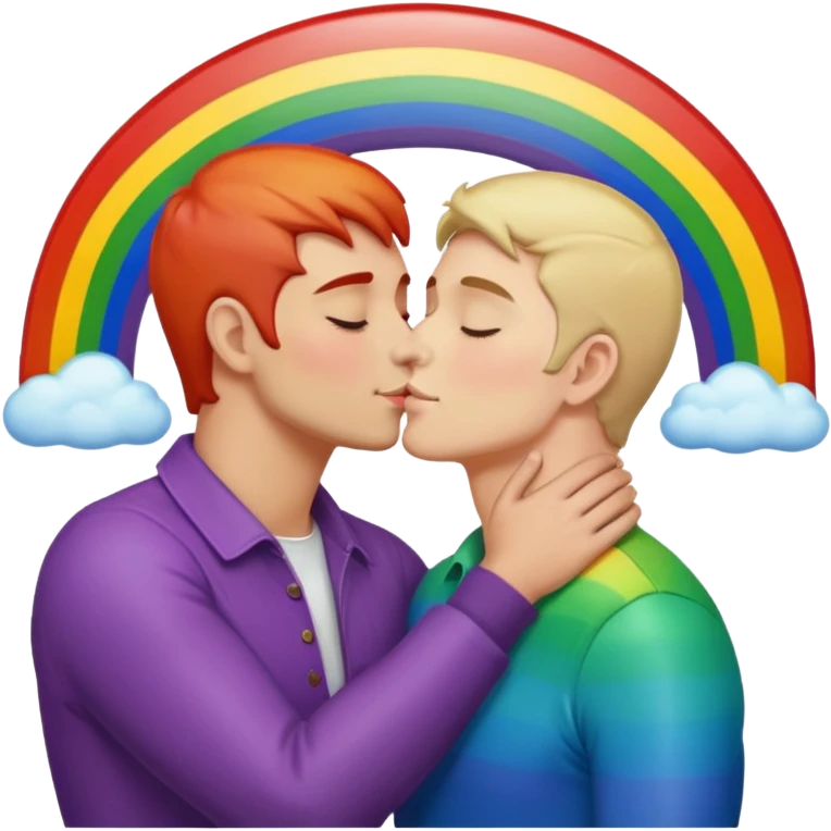 make 2 seductive men kissing and holding sitting on a rainbow emoji