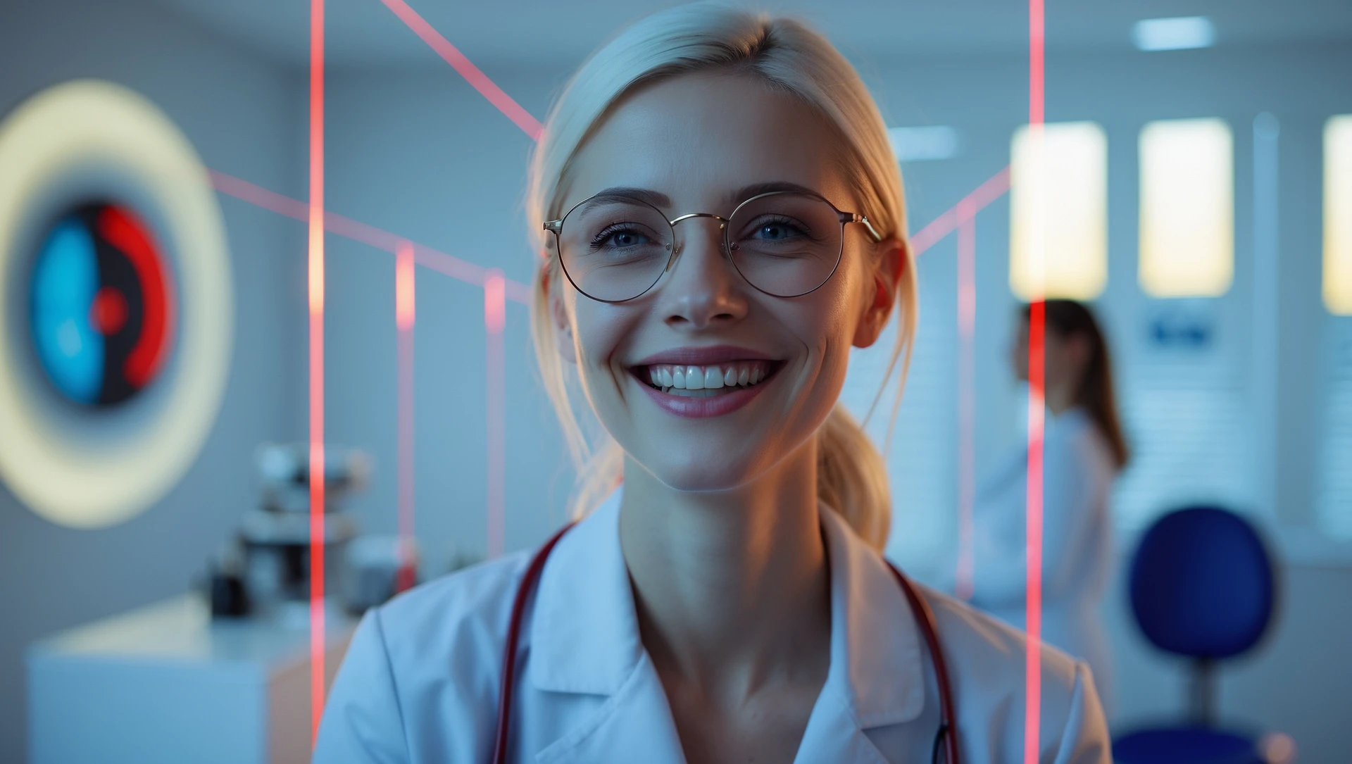 Cinematic still, Proffesional advertising of a smiling european white woman with glasses smiling, minimalistic ophthalmologist interior in background, leading  lines, "rule of thirds", 60/30/10 colors, soft light, blue and red emoji