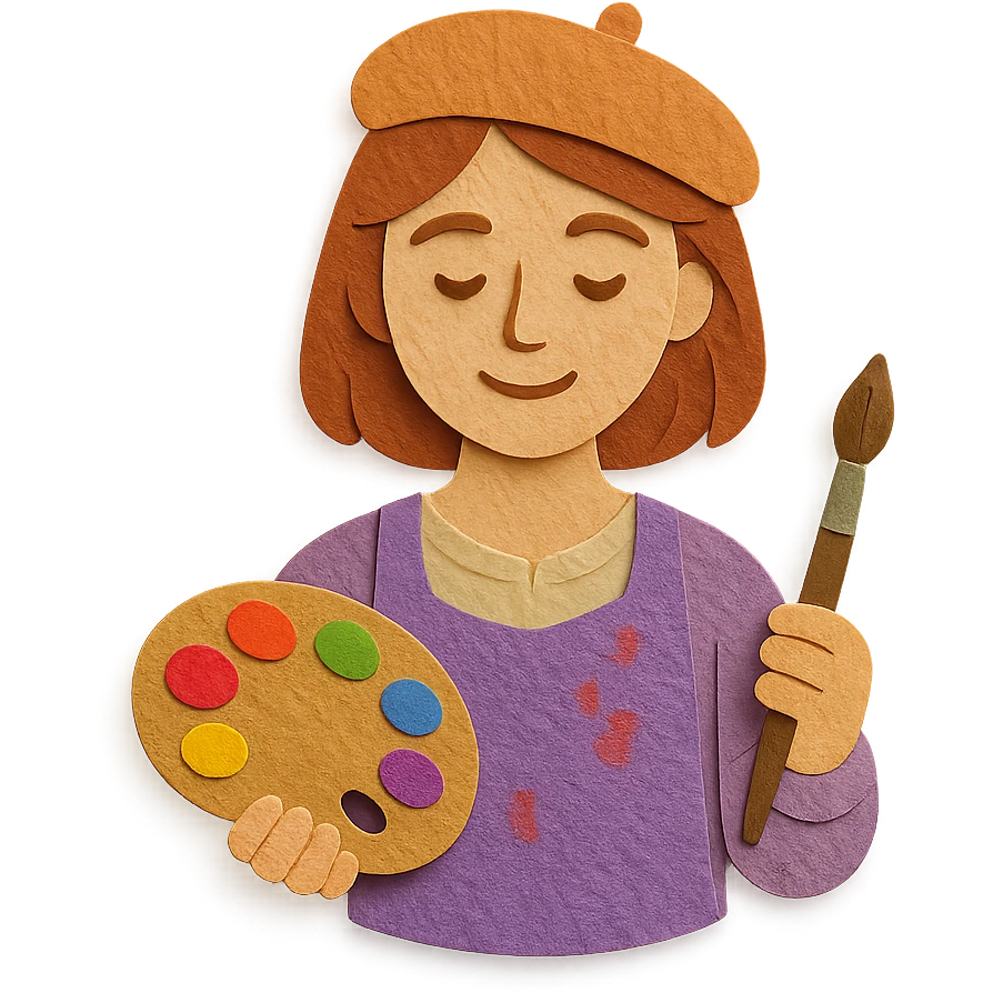 Serene female oil painter, Caucasian features, shoulder-length auburn hair, soft brown eyes, gentle smile, wearing a violet painter’s smock lightly stained with paint over a beige blouse, holding a wooden palette with vibrant colors in one hand and a brush in the other, waist-up, front-facing emoji
