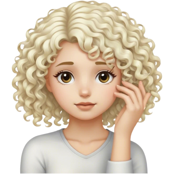 Girl with curly, wispy, platinum blonde hair, resting head on palm of her hand emoji
