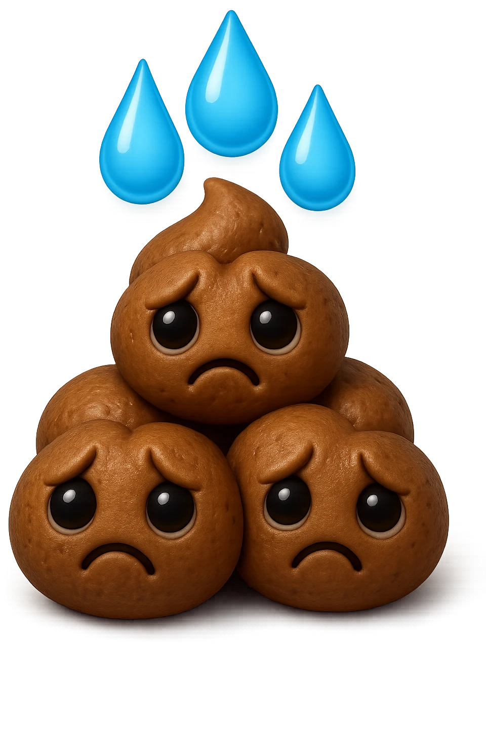 emoji stile iphone di una montagnetta di feci umane realistiche a palline tristi con sopra un simbolo delle gocce di acqua, iperrealistico 4k emoji