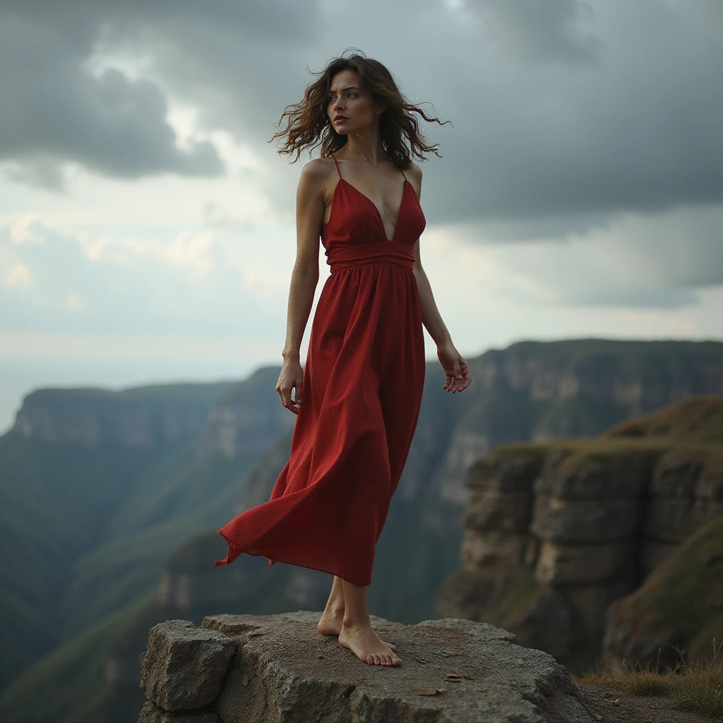 powerful photorealistic fashion portrait of a woman in a windswept red dress on a rugged cliff with dramatic clouds overhead, high contrast lighting, evoking solitude and strength emoji